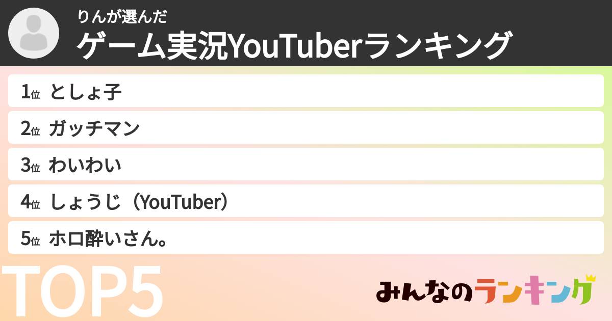 りんさんの「ゲーム実況YouTuberランキング」