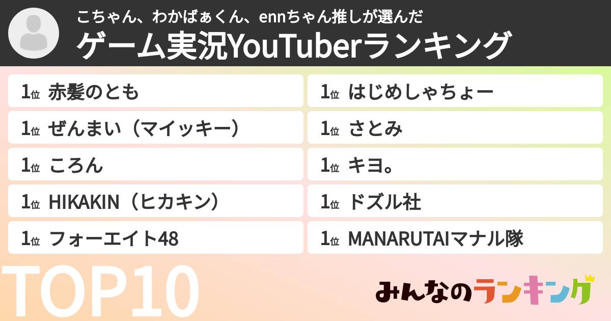 こちゃん、わかばぁくん、ennちゃん推しさんの「ゲーム実況YouTuberランキング」