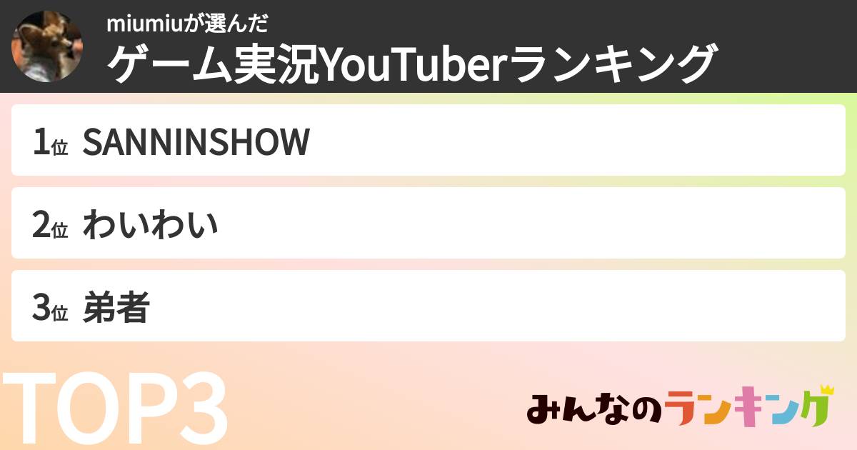 miumiuさんの「ゲーム実況YouTuberランキング」