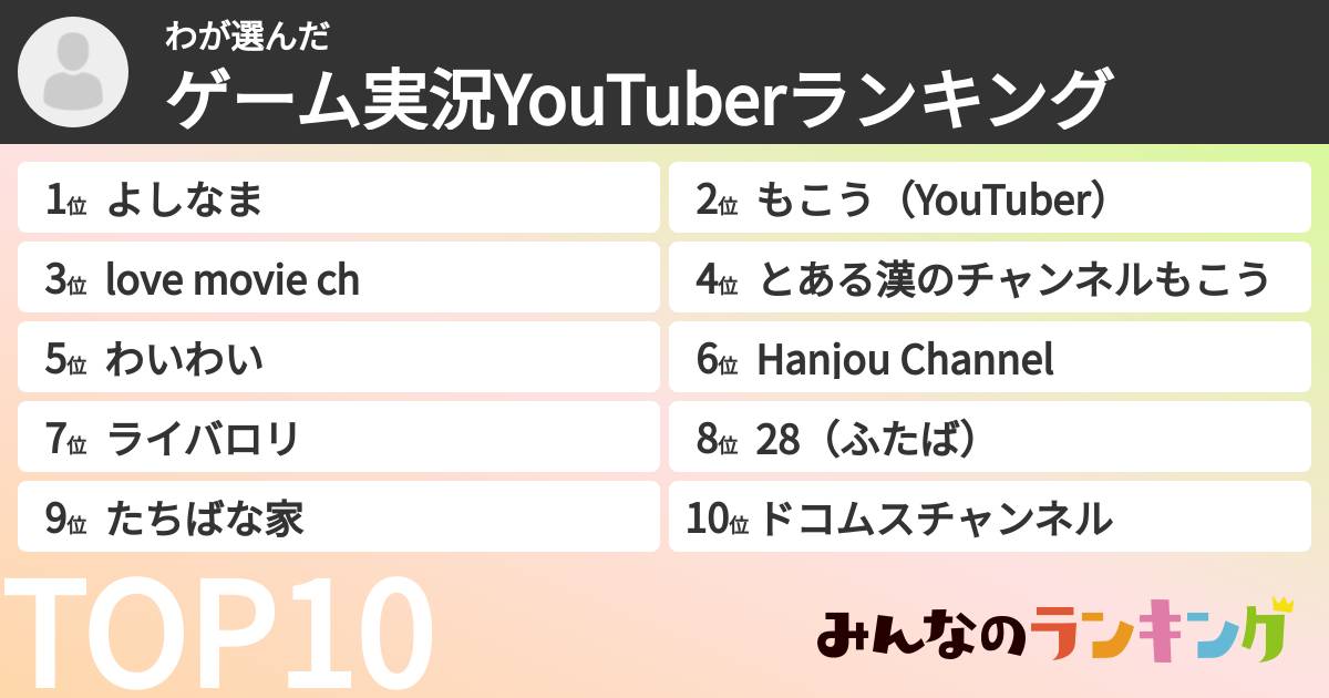 わさんの「ゲーム実況YouTuberランキング」