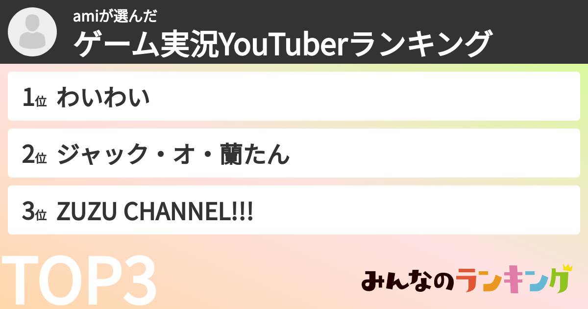 amiさんの「ゲーム実況YouTuberランキング」