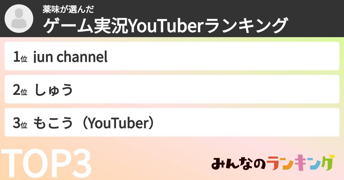 薬味さんの「ゲーム実況YouTuberランキング」