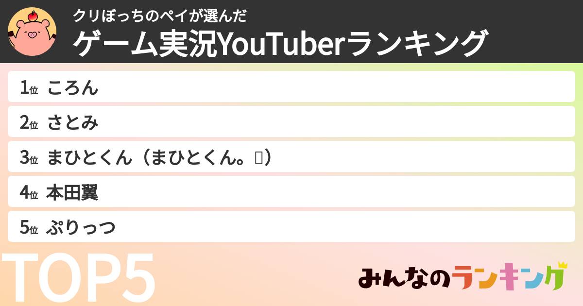 クリぼっちのペイさんの「ゲーム実況YouTuberランキング」