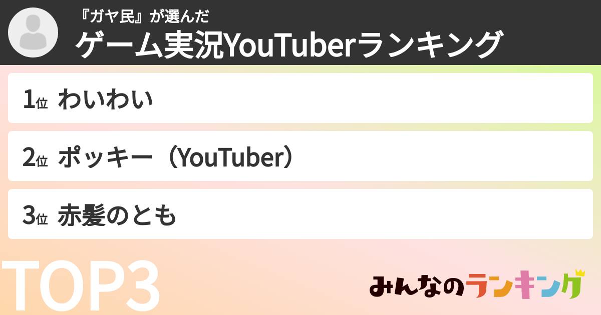 『ガヤ民』さんの「ゲーム実況YouTuberランキング」