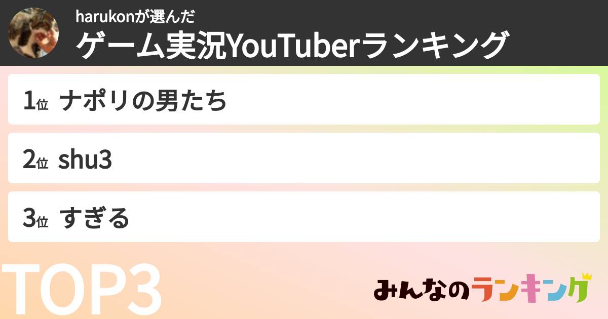 harukonさんの「ゲーム実況YouTuberランキング」