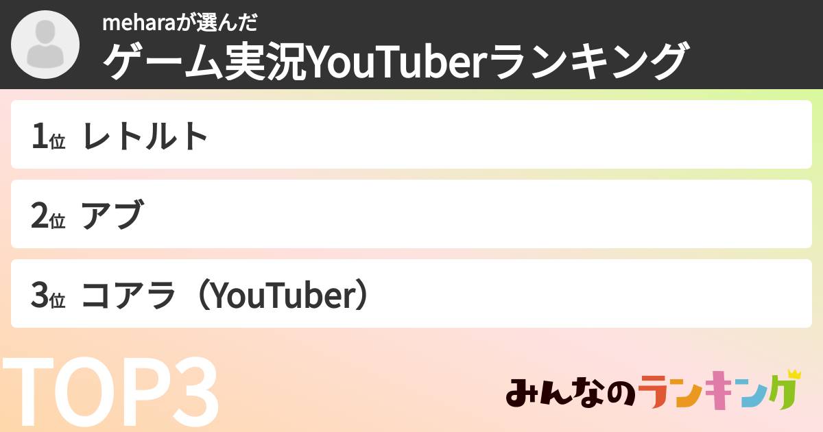 meharaさんの「ゲーム実況YouTuberランキング」