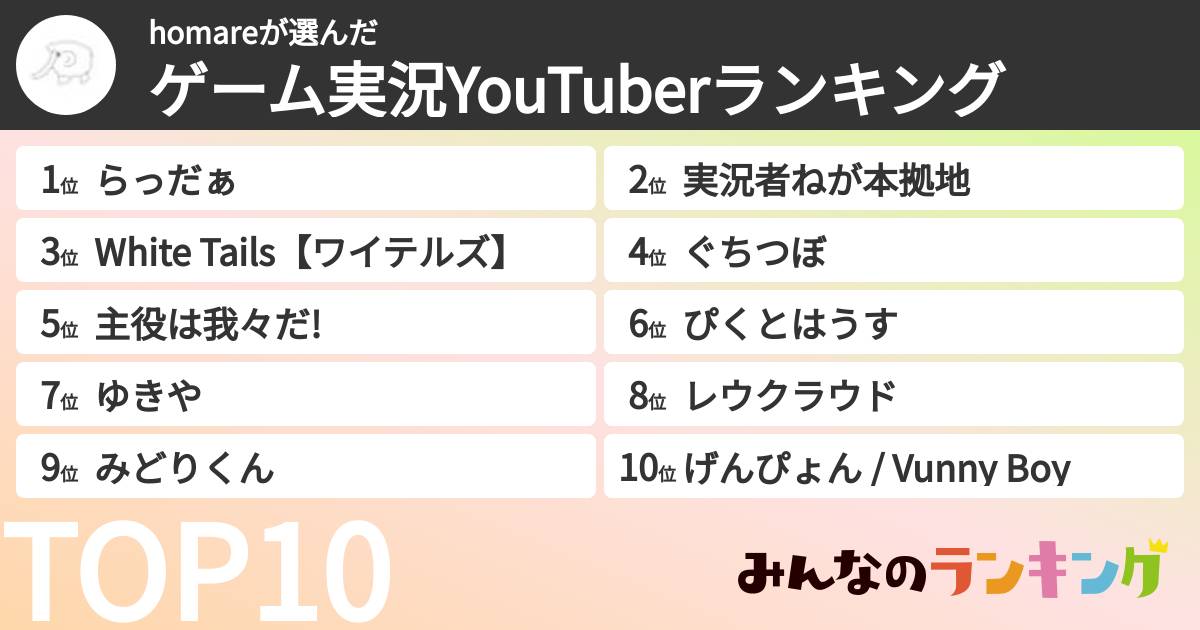 homareさんの「ゲーム実況YouTuberランキング」