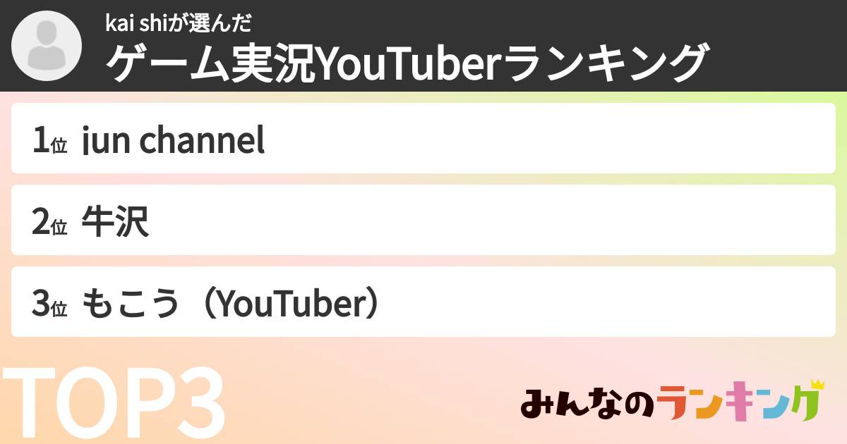 kai shiさんの「ゲーム実況YouTuberランキング」