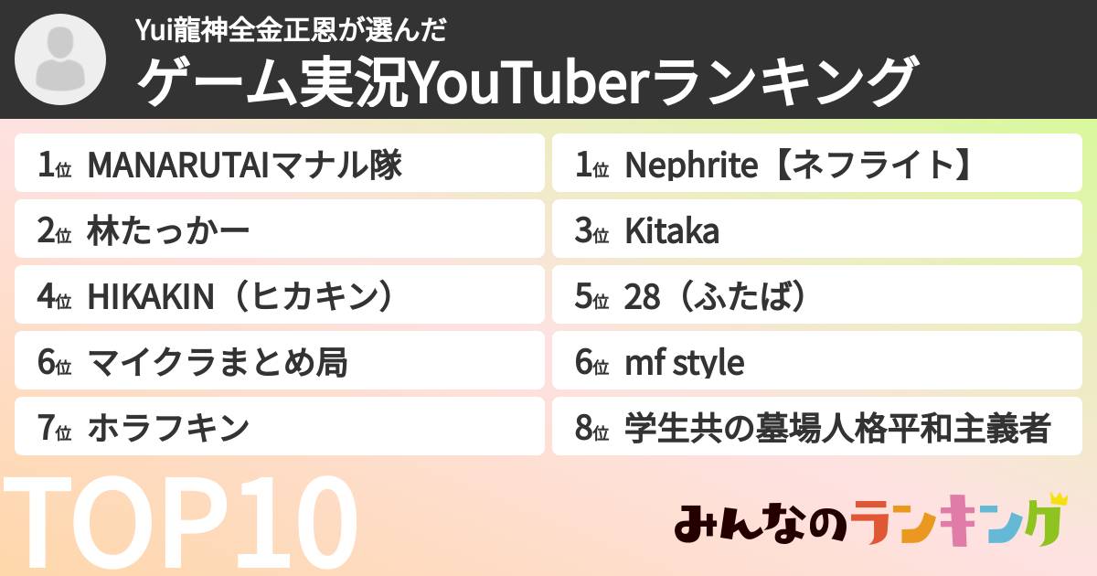 Yui龍神全金正恩さんの「ゲーム実況YouTuberランキング」