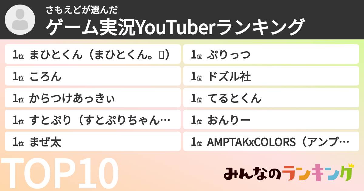 さもえどさんの「ゲーム実況YouTuberランキング」