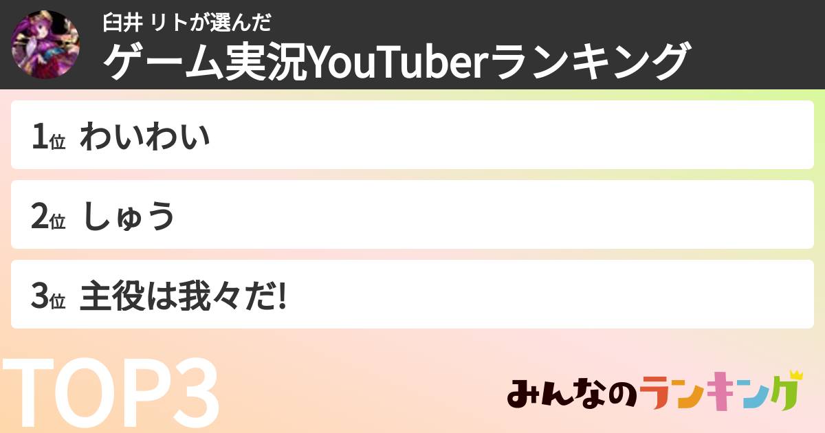 臼井 リトさんの「ゲーム実況YouTuberランキング」