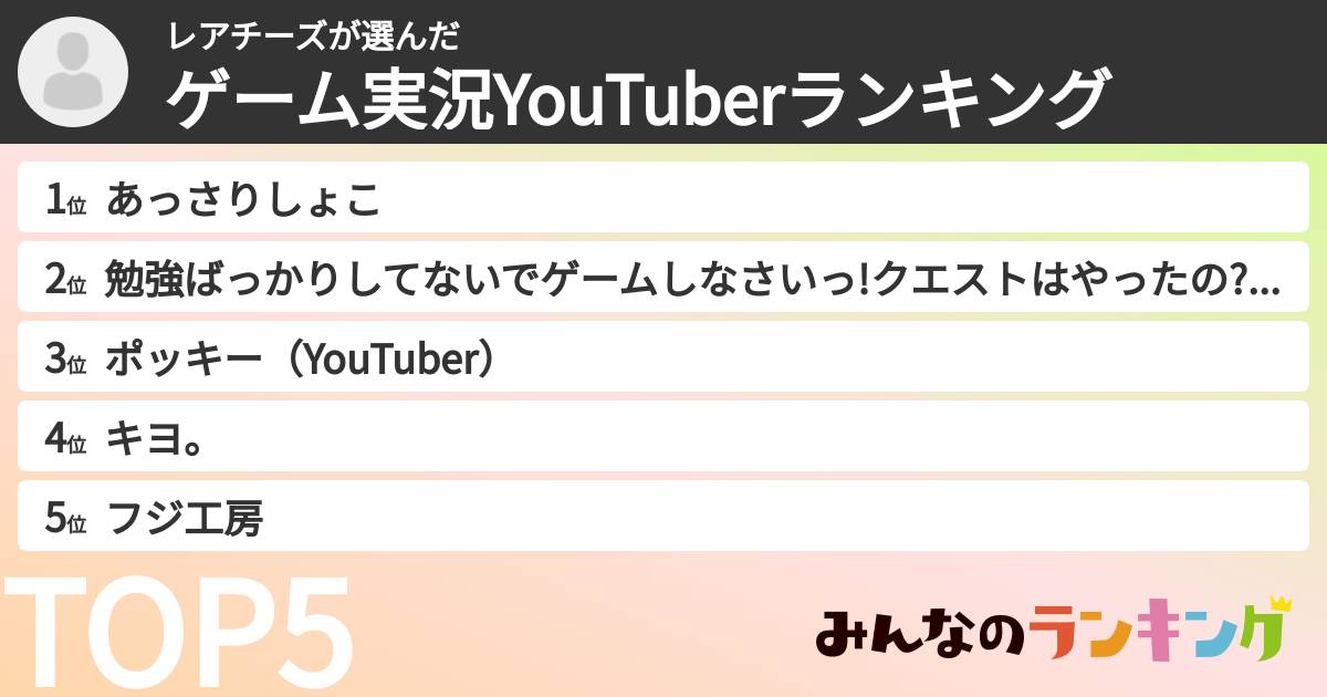 レアチーズさんの「ゲーム実況YouTuberランキング」