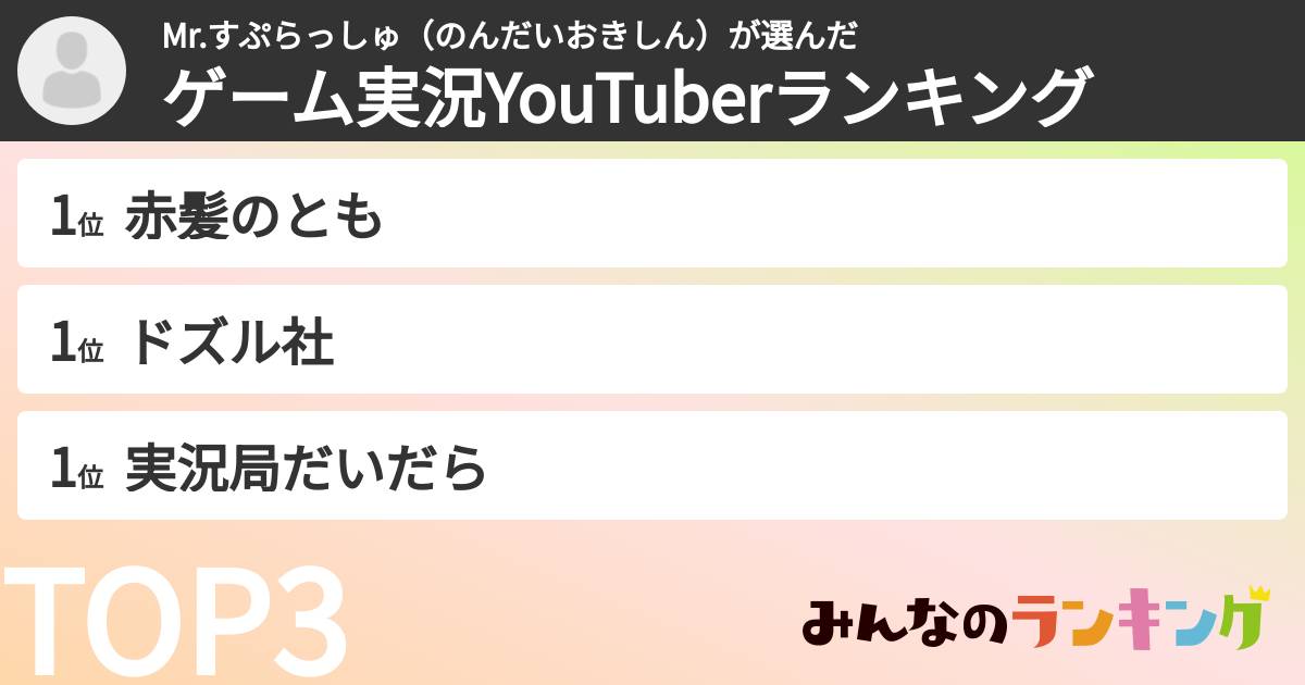 Mr.すぷらっしゅ（のんだいおきしん）さんの「ゲーム実況YouTuberランキング」