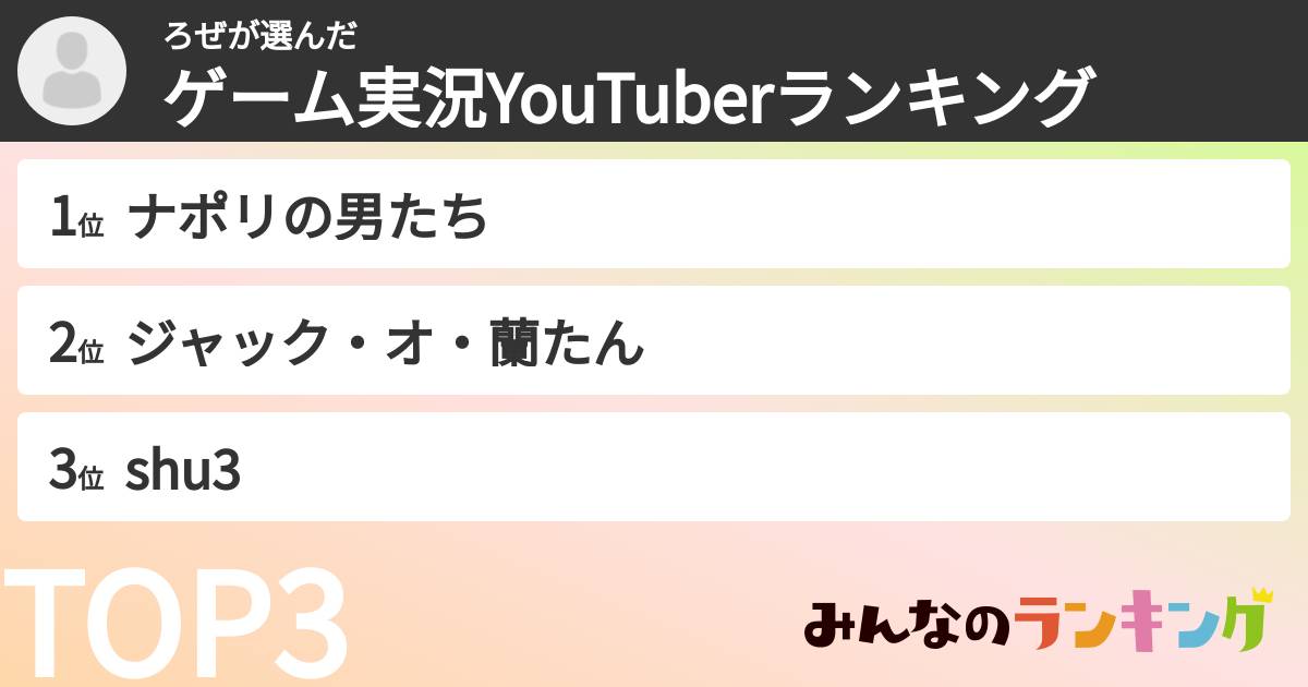 ろぜさんの「ゲーム実況YouTuberランキング」