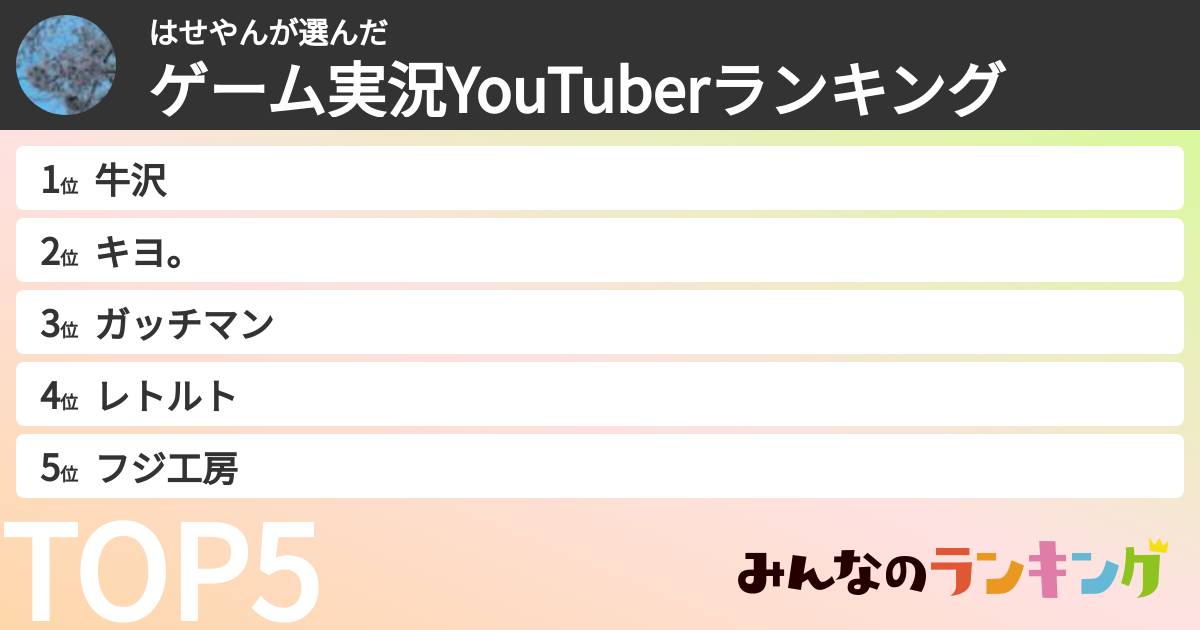 はせやんさんの「ゲーム実況YouTuberランキング」