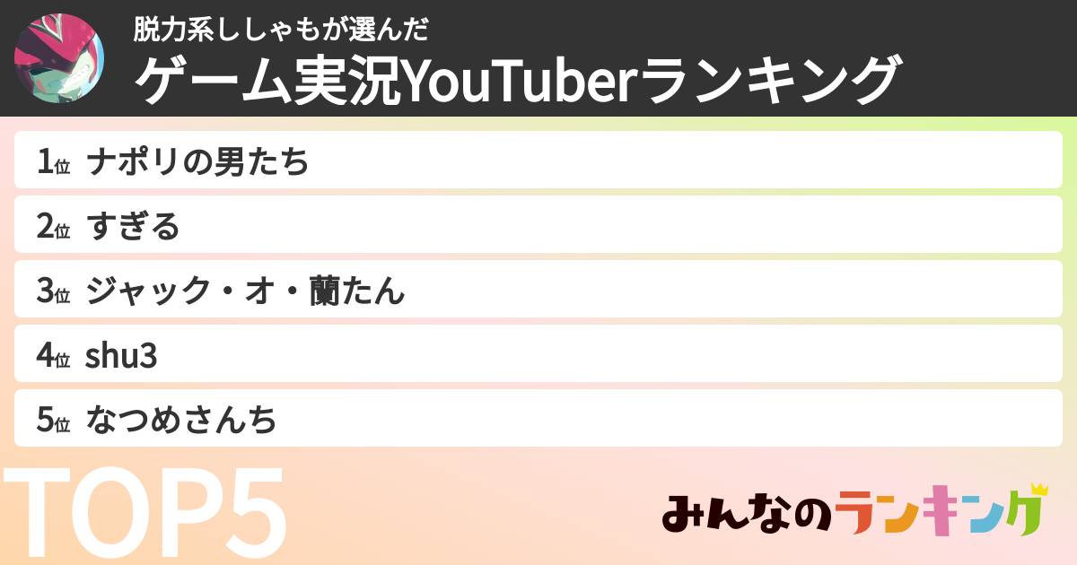 脱力系ししゃもさんの「ゲーム実況YouTuberランキング」