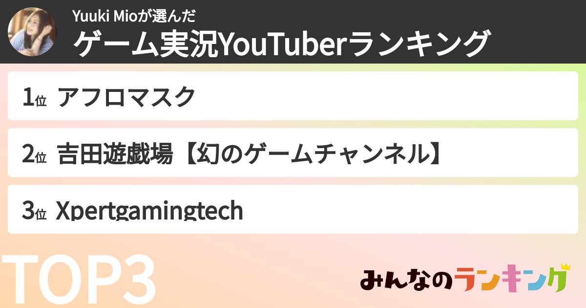 Yuuki Mioさんの「ゲーム実況YouTuberランキング」