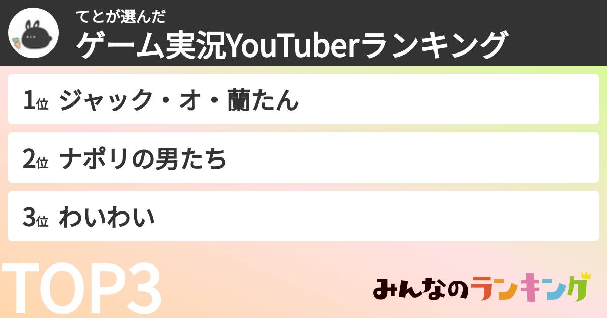 てとさんの「ゲーム実況YouTuberランキング」