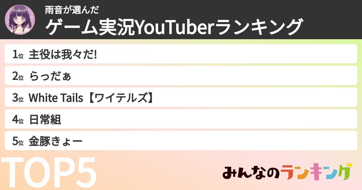 雨音さんの「ゲーム実況YouTuberランキング」
