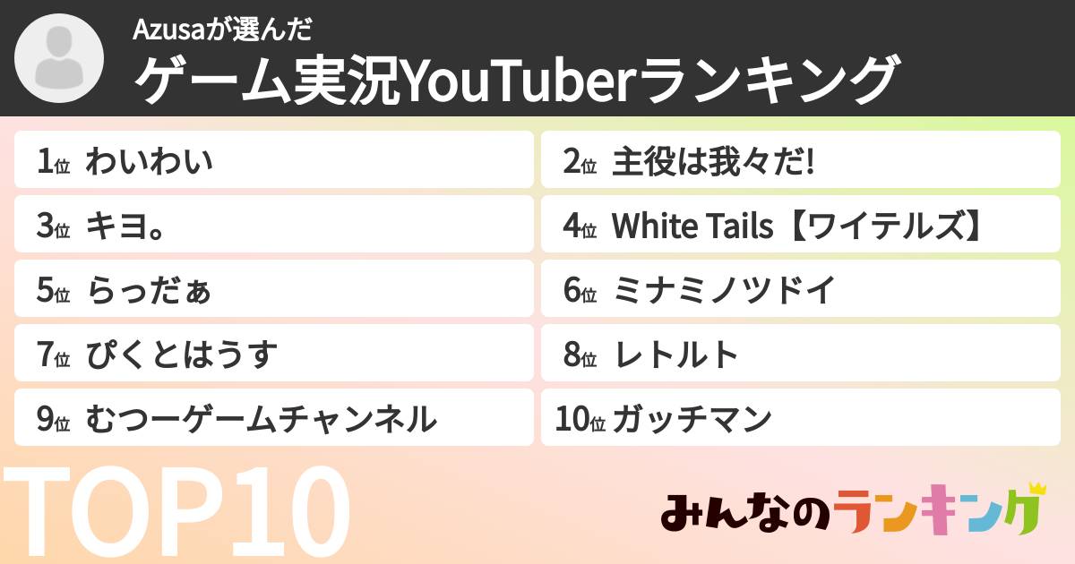 Azusaさんの「ゲーム実況YouTuberランキング」