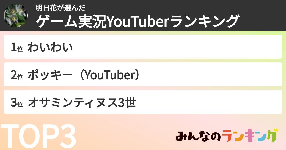 明日花さんの「ゲーム実況YouTuberランキング」