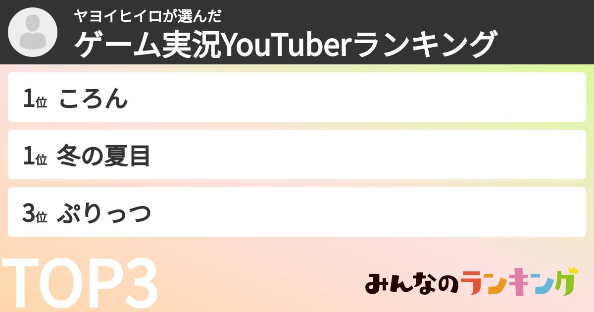 ヤヨイヒイロさんの「ゲーム実況YouTuberランキング」