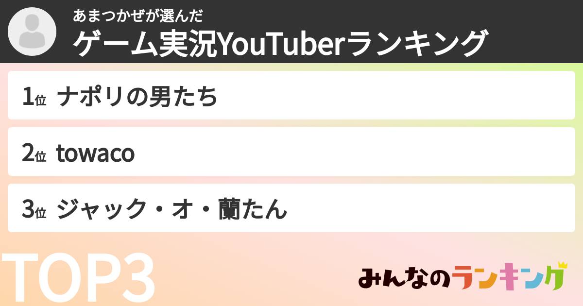 あまつかぜさんの「ゲーム実況YouTuberランキング」