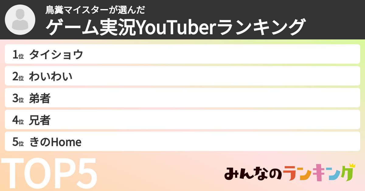 鳥糞マイスターさんの「ゲーム実況YouTuberランキング」