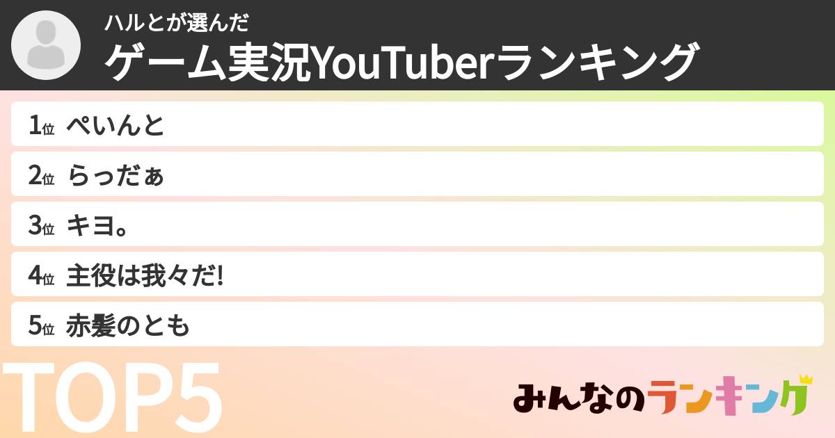 ハルとさんの「ゲーム実況YouTuberランキング」