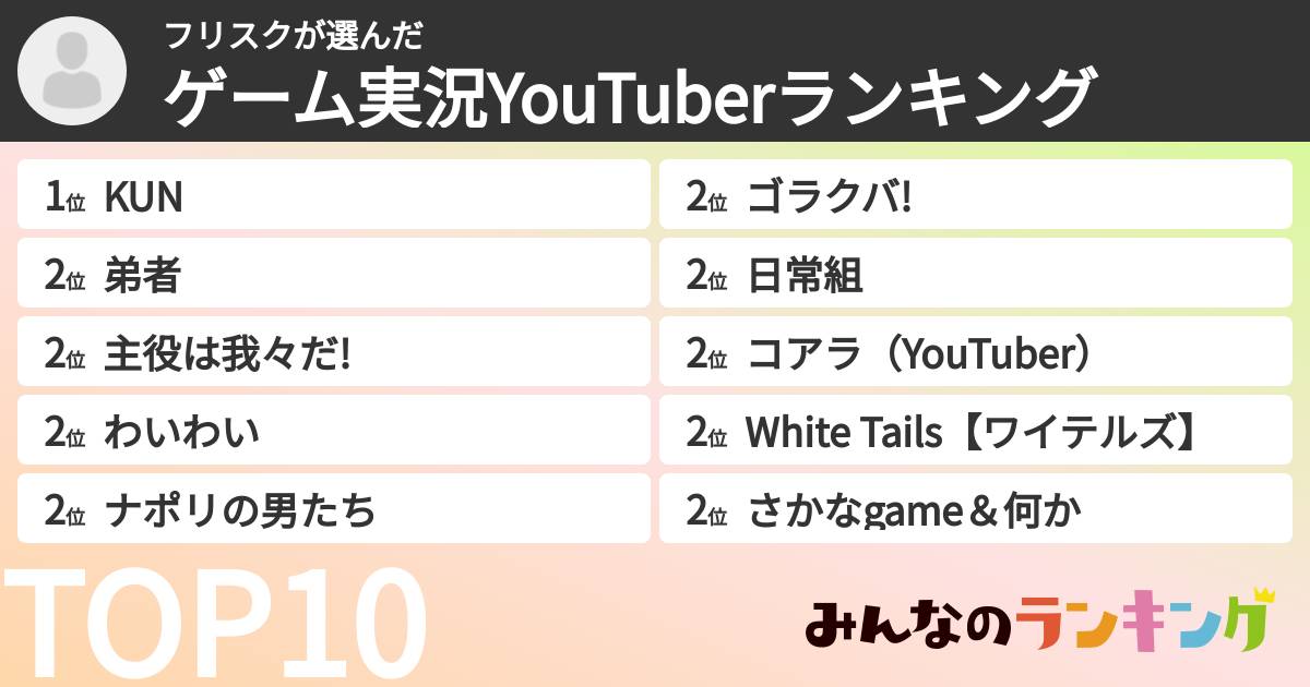 フリスクさんの「ゲーム実況YouTuberランキング」