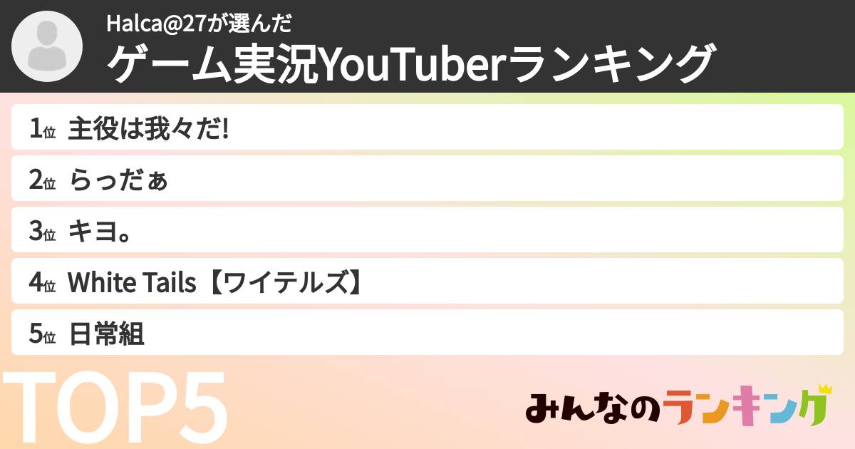 Halca@27さんの「ゲーム実況YouTuberランキング」