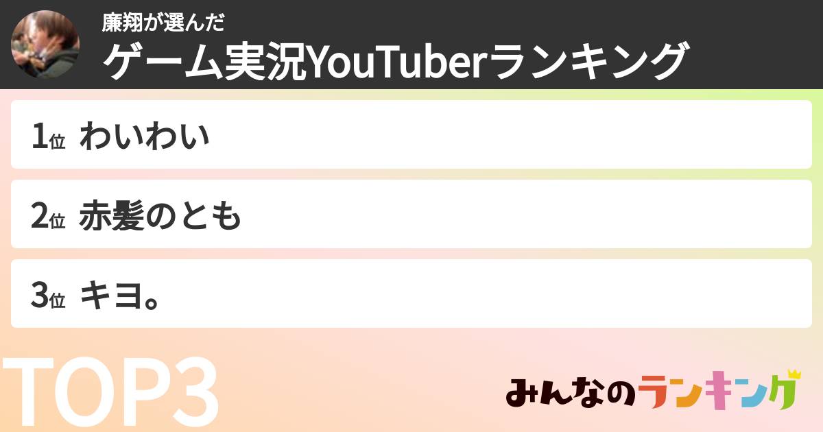 廉翔さんの「ゲーム実況YouTuberランキング」