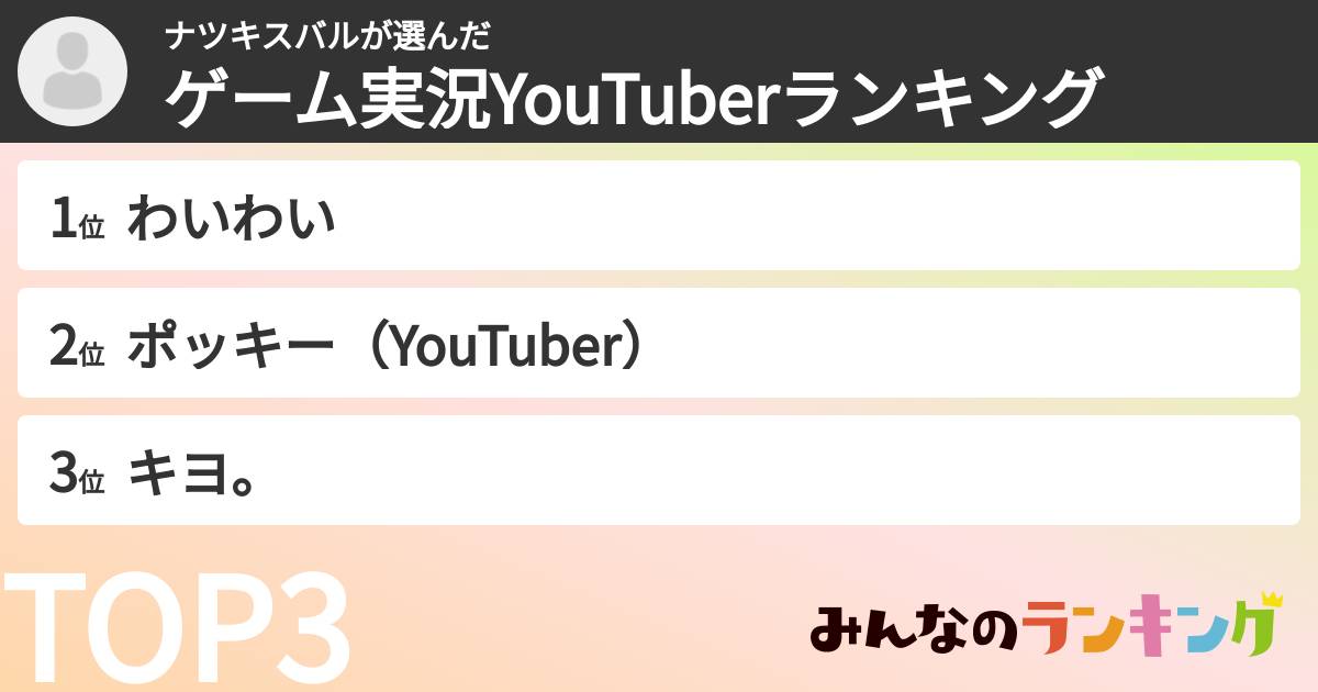 ナツキスバルさんの「ゲーム実況YouTuberランキング」