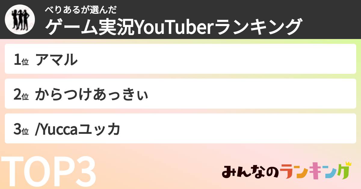 べりあるさんの「ゲーム実況YouTuberランキング」