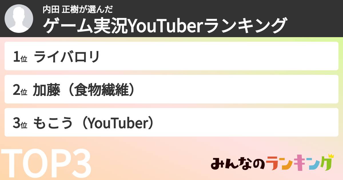 内田 正樹さんの「ゲーム実況YouTuberランキング」