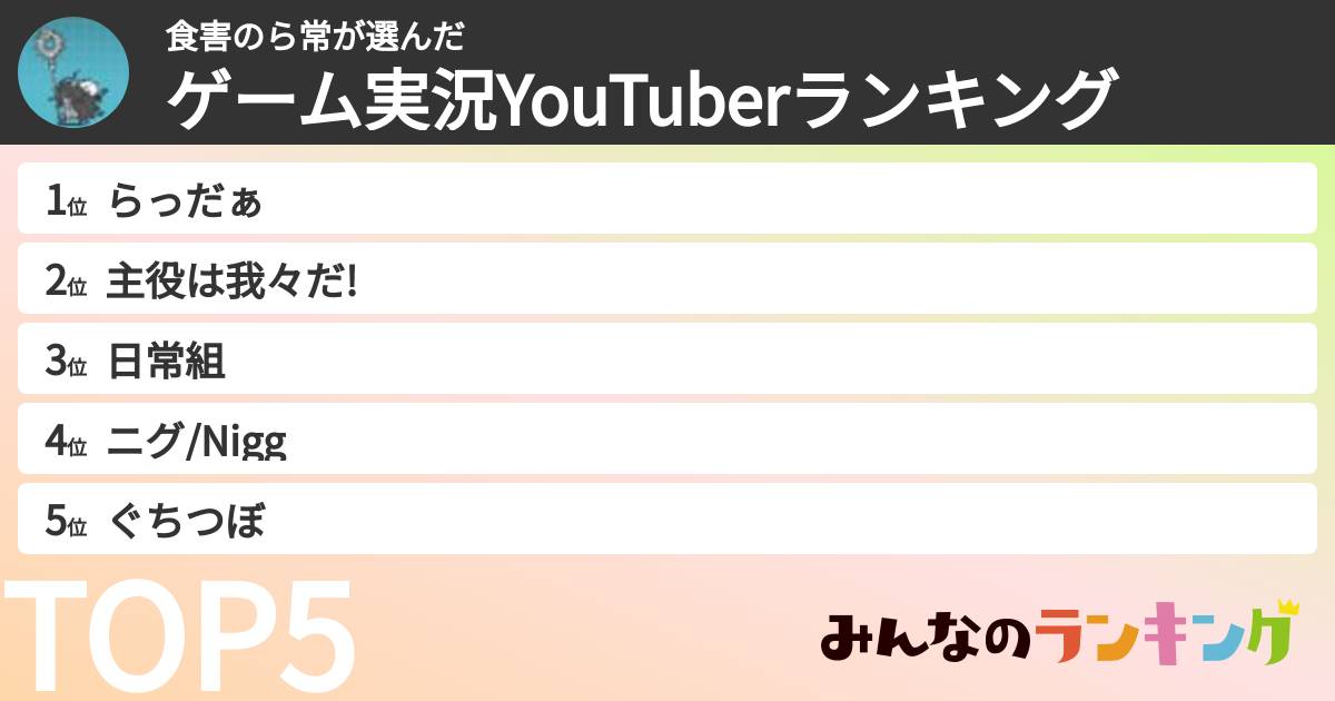 食害のら常さんの「ゲーム実況YouTuberランキング」