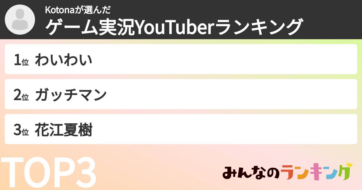 Kotonaさんの「ゲーム実況YouTuberランキング」