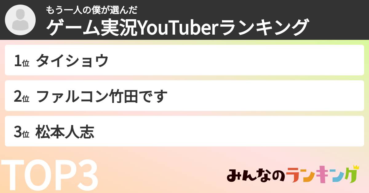 もう一人の僕さんの「ゲーム実況YouTuberランキング」