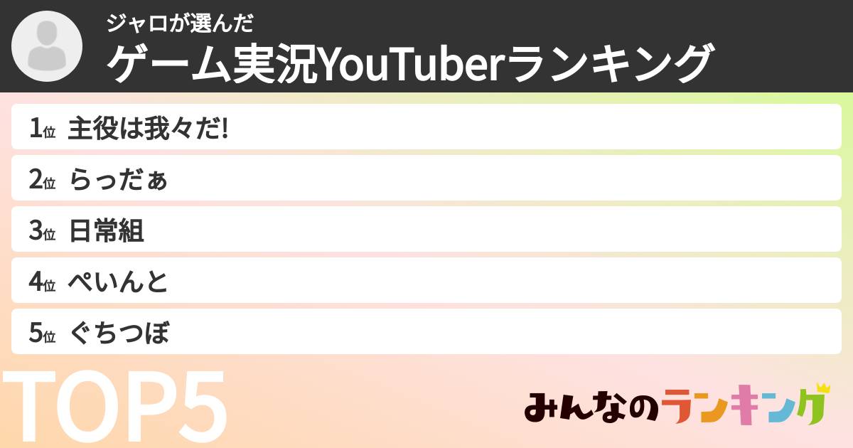 ジャロさんの「ゲーム実況YouTuberランキング」