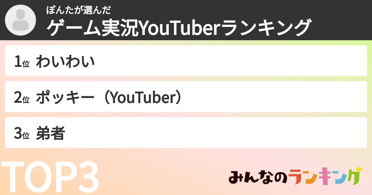 ぽんたさんの「ゲーム実況YouTuberランキング」