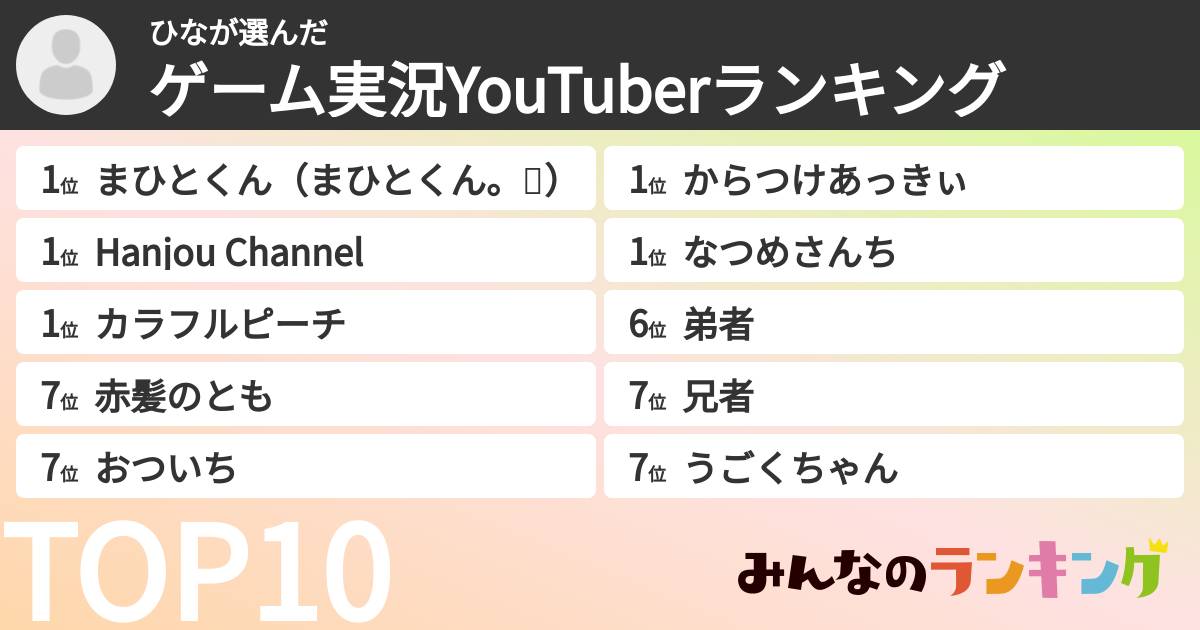ひなさんの「ゲーム実況YouTuberランキング」