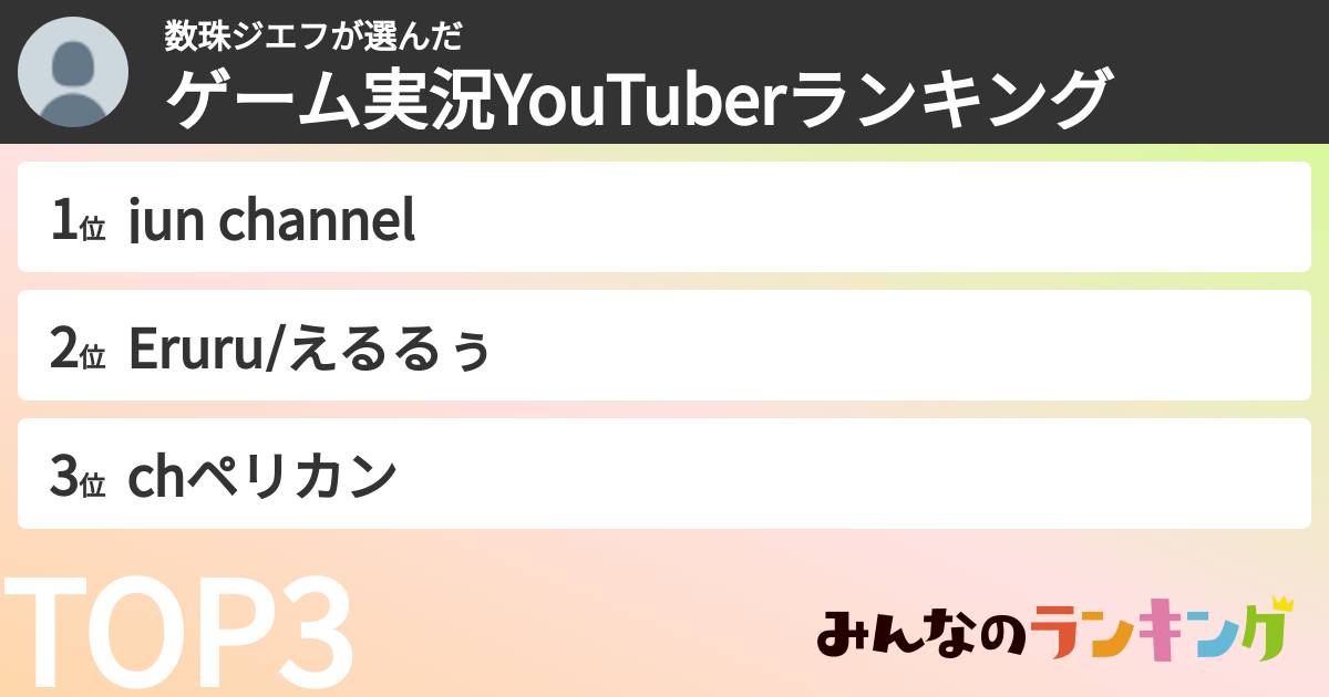 数珠ジエフさんの「ゲーム実況YouTuberランキング」