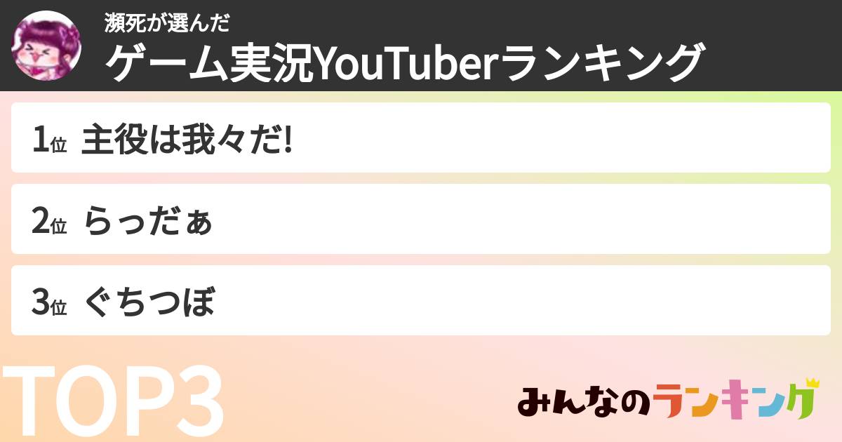 瀕死さんの「ゲーム実況YouTuberランキング」