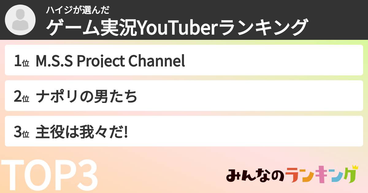 ハイジさんの「ゲーム実況YouTuberランキング」