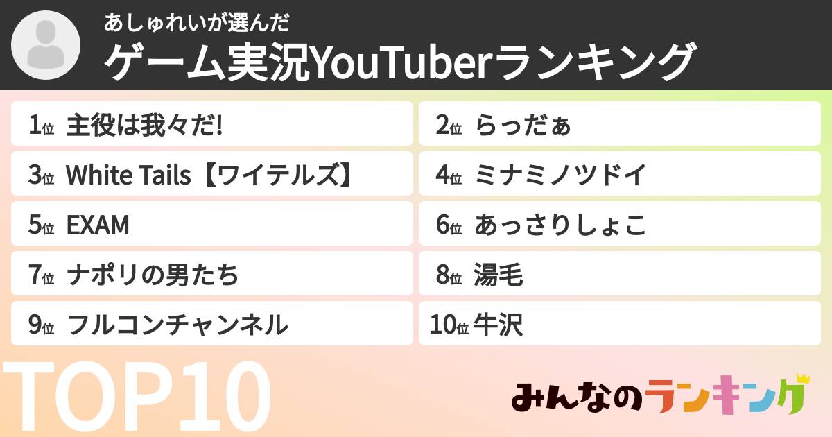 あしゅれいさんの「ゲーム実況YouTuberランキング」