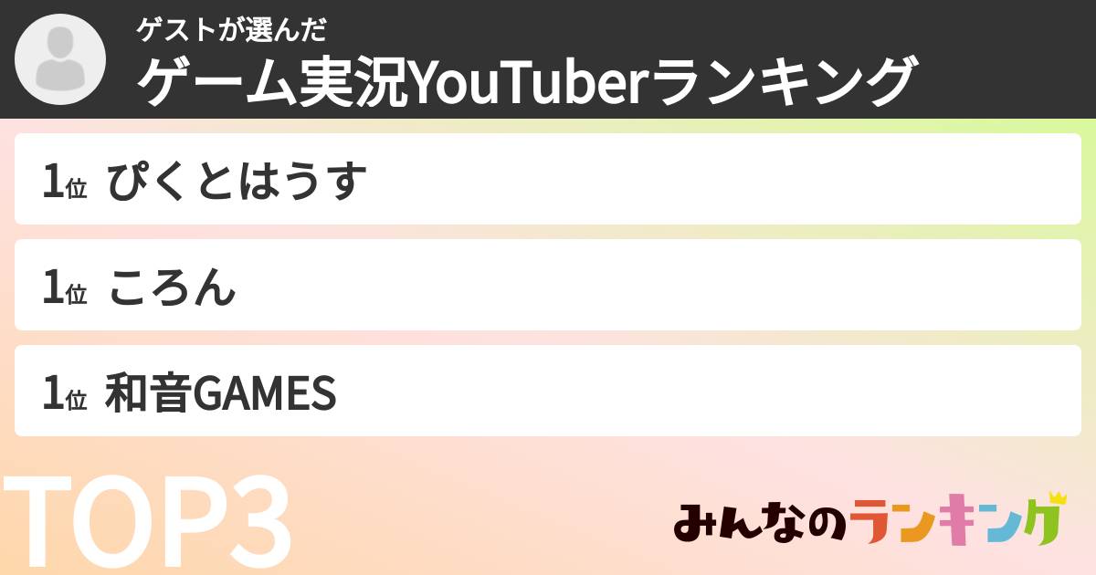 ゲストさんの「ゲーム実況YouTuberランキング」