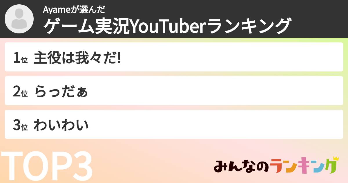 Ayameさんの「ゲーム実況YouTuberランキング」