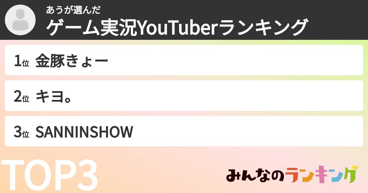 あうさんの「ゲーム実況YouTuberランキング」