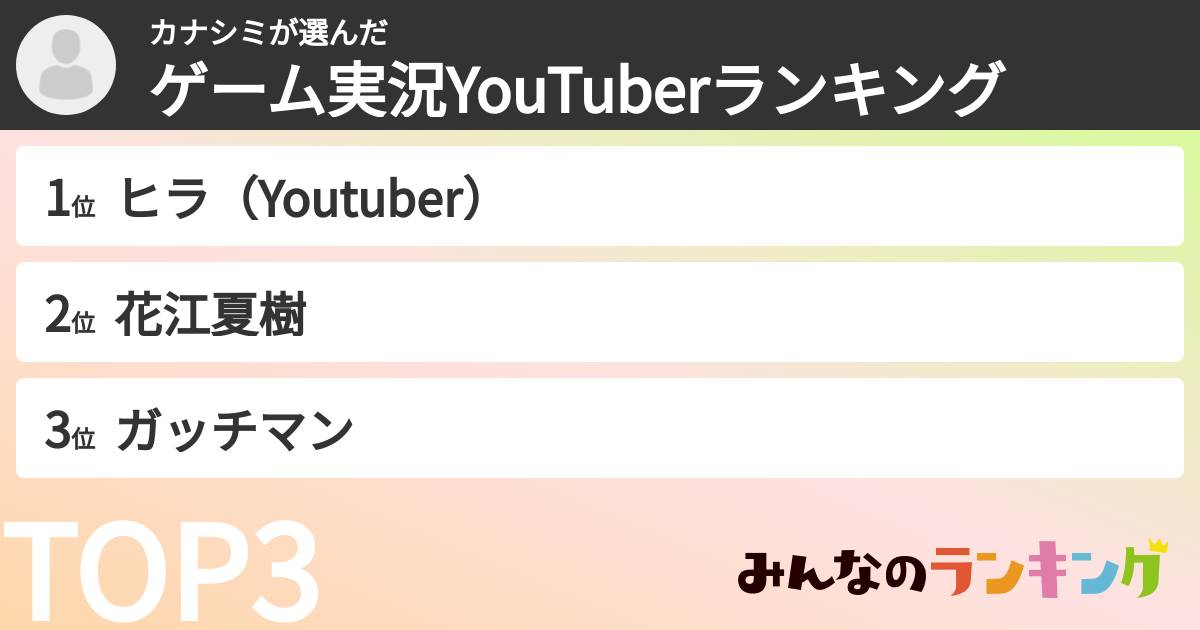 カナシミさんの「ゲーム実況YouTuberランキング」