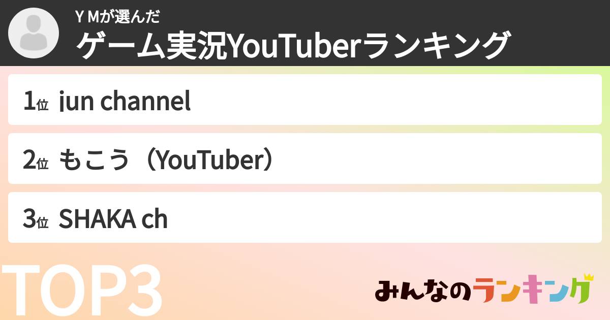 Y Mさんの「ゲーム実況YouTuberランキング」